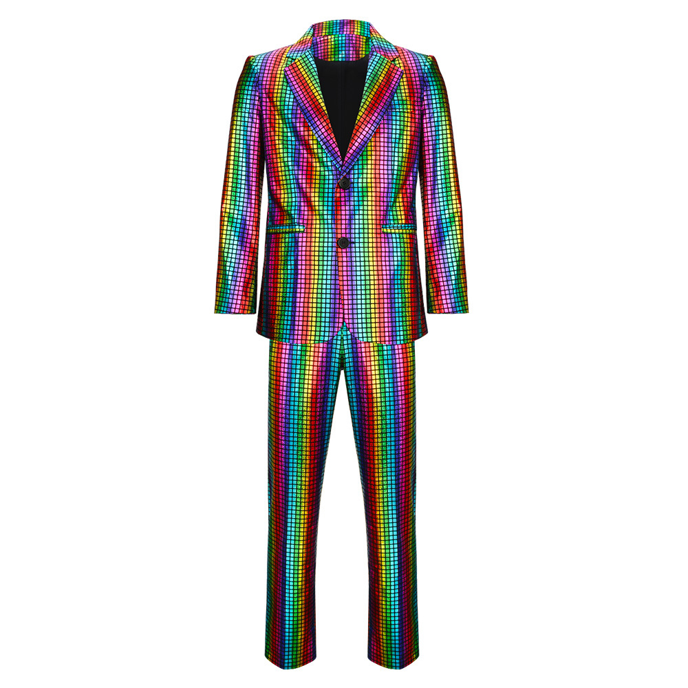 Men's Rainbow Disco Costume Party Cosplay Outfits 2 Piece Shiny 70s Glitter Stage Festival Host Suit Takerlama