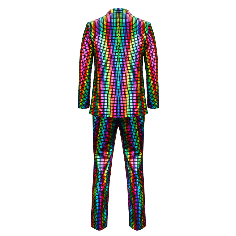 Men's Rainbow Disco Costume Party Cosplay Outfits 2 Piece Shiny 70s Glitter Stage Festival Host Suit Takerlama