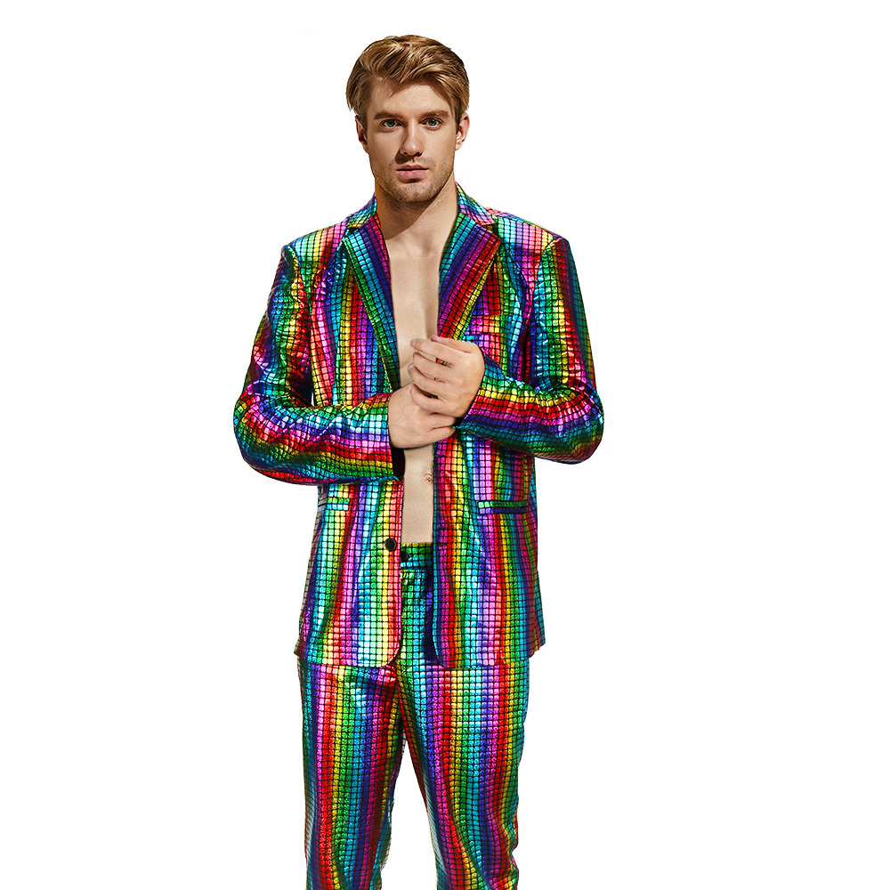 Men's Rainbow Disco Costume Christmas Party Cosplay Outfits 2 Piece Shiny 70s Glitter Stage Festival Host Suit Takerlama