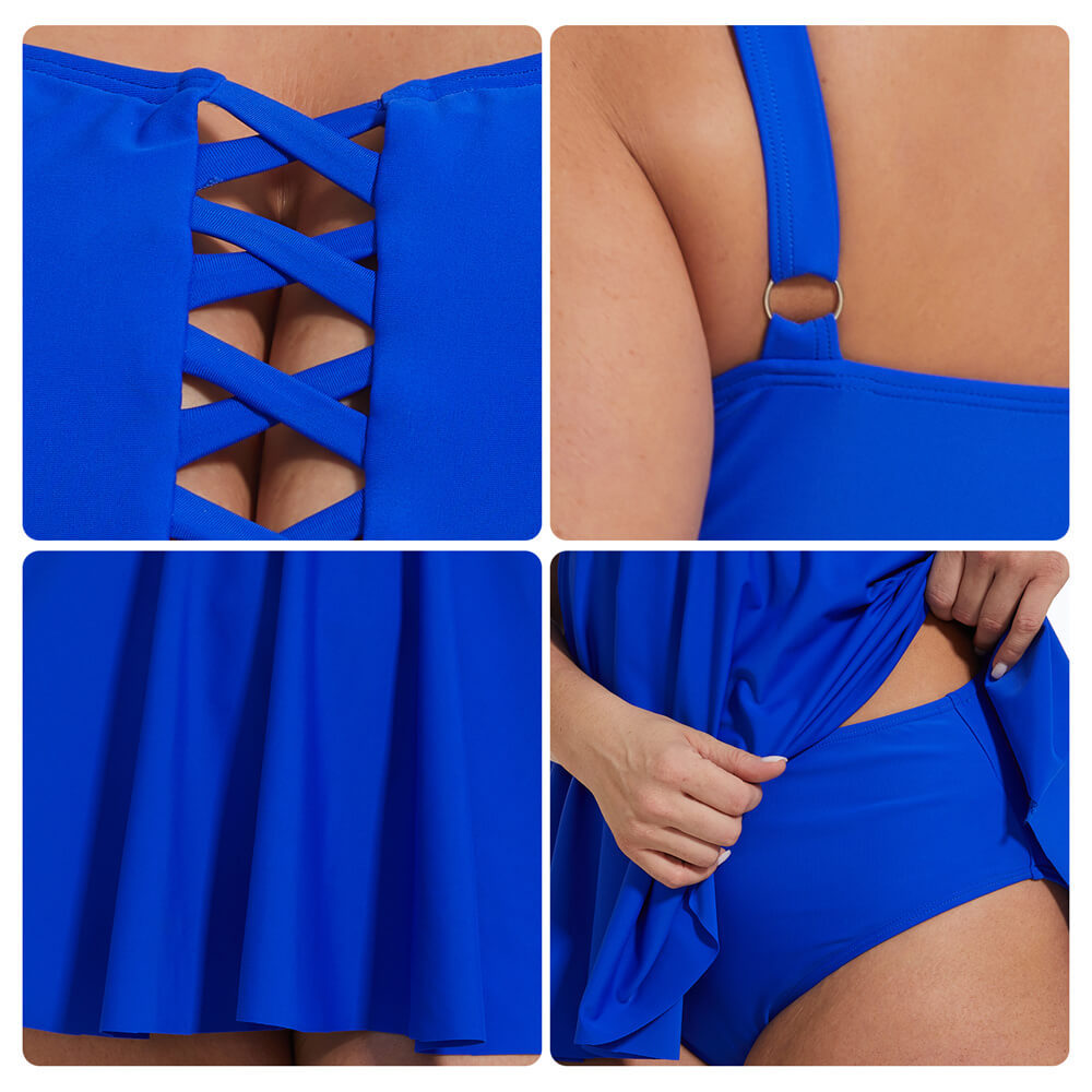 SISBATH Plus Size One Piece Swimsuits Blue Women Tummy Control Bathing Suits Vintage Swimwear