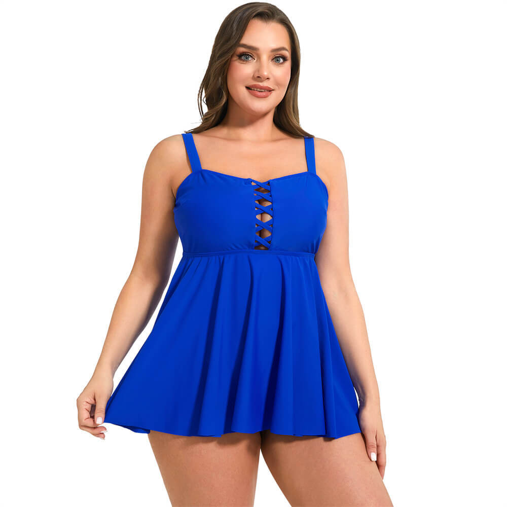 SISBATH Plus Size One Piece Swimsuits Blue Women Tummy Control Bathing Suits Vintage Swimwear