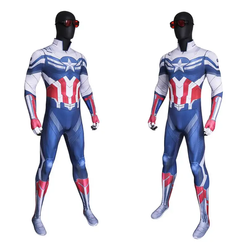 Captain America Brave New World Sam Wilson Cosplay Costume Glasses 3D Print Blue White Halloween Suit Takerlama