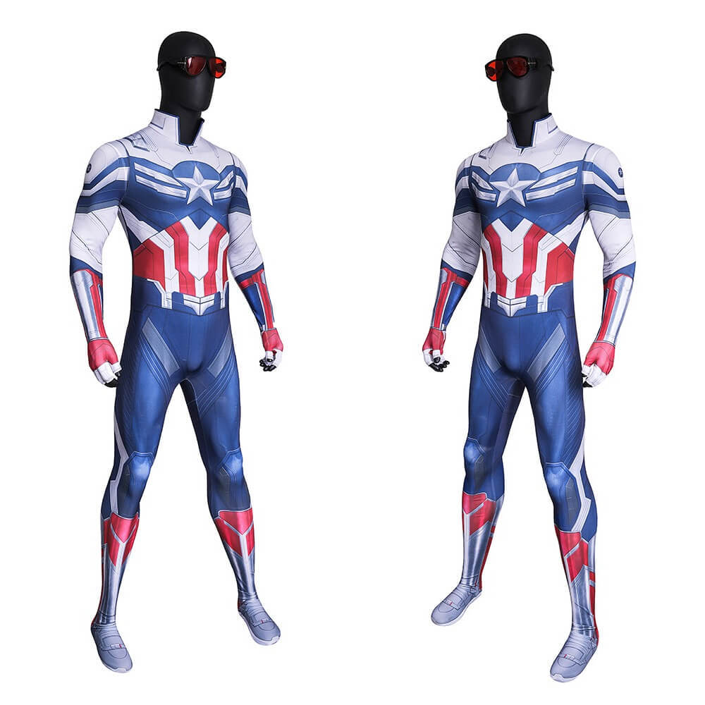 Captain America Brave New World Sam Wilson Cosplay Costume Glasses 3D Print Blue White Halloween Suit Takerlama