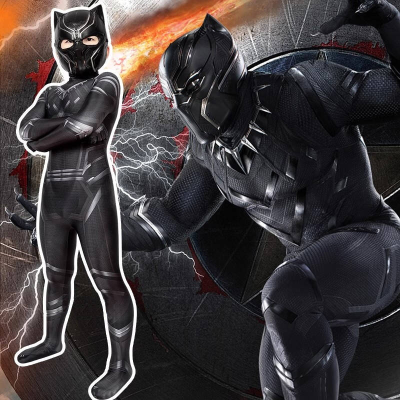 Children Marvel's Captain America Civil War T'Challa Black Panther Cosplay Costume Superhero Jumpsuit Mask Takerlama