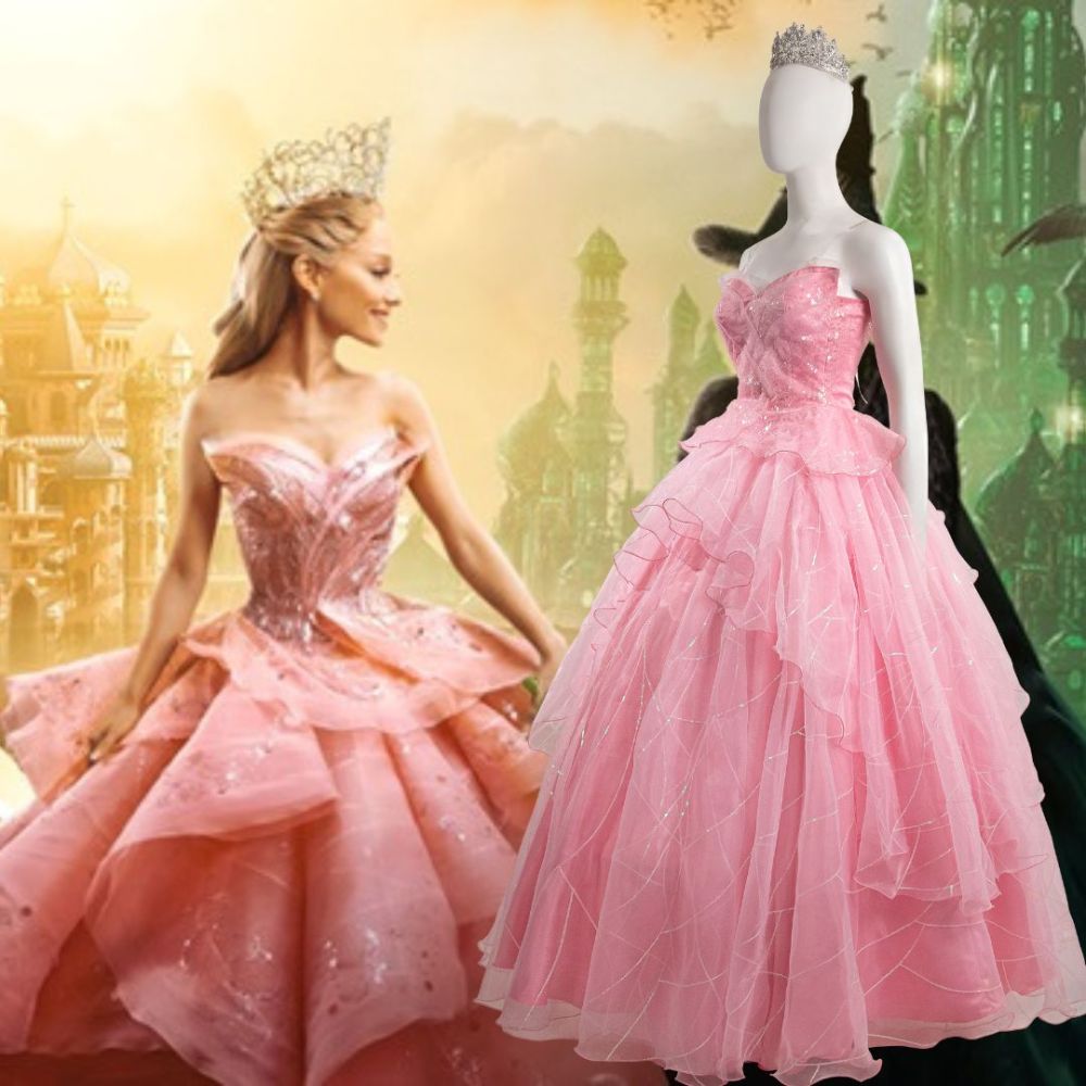 Wicked (2024) Glinda Cosplay Costume Pink Embroidered Organza Skirt Outfits Halloween Carnival Suit Takerlama