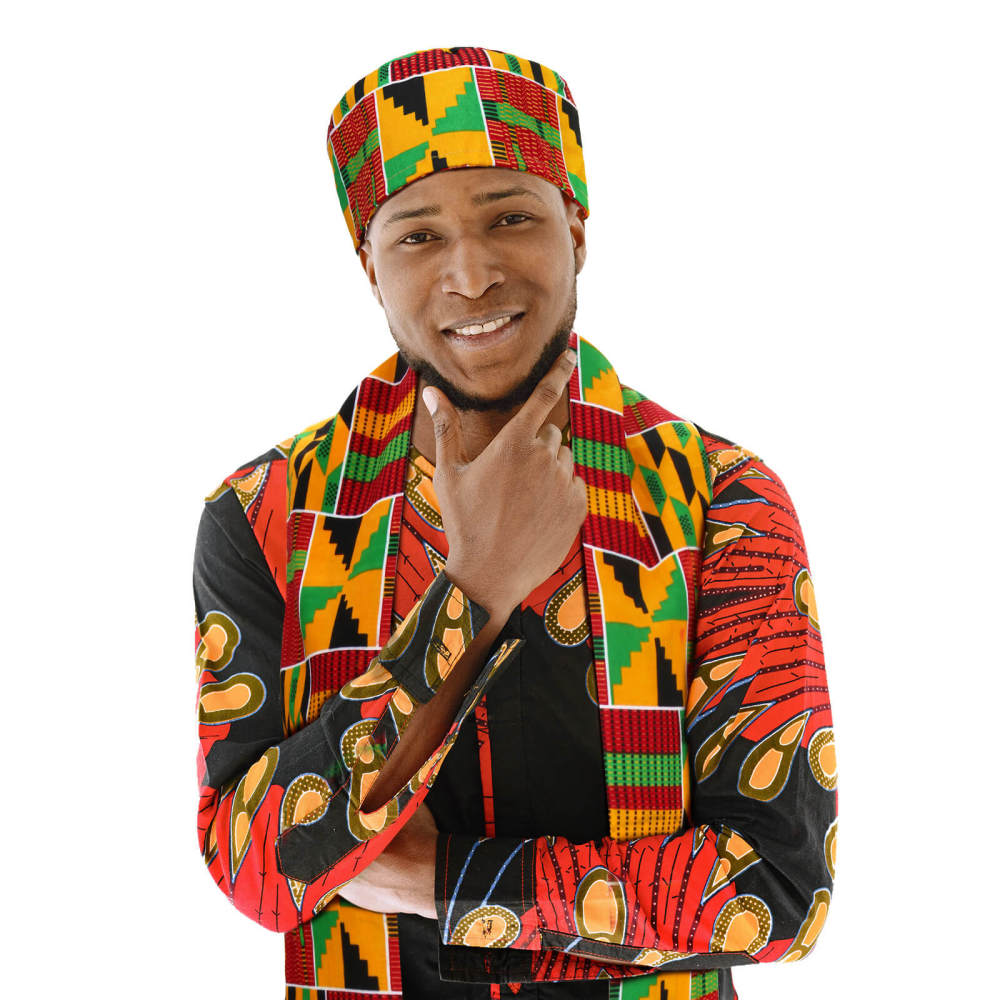African Kente Pattern Kufi Men Hat and Kente African Print Stole Sash for Black History-Takerlama