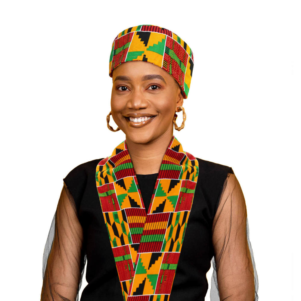 African Kente Pattern Kufi Men Hat and Kente African Print Stole Sash for Black History-Takerlama