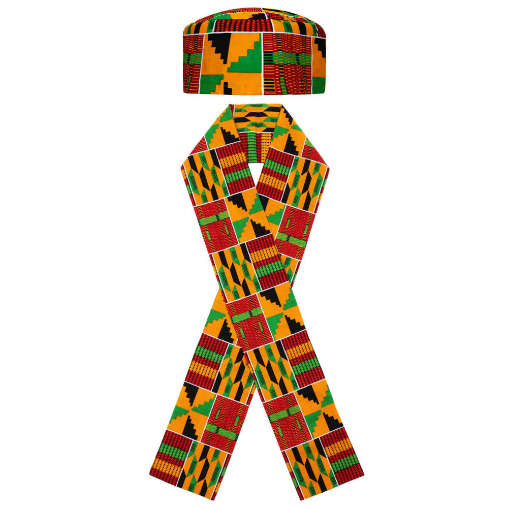 African Kente Pattern Kufi Men Hat and Kente African Print Stole Sash for Black History-Takerlama