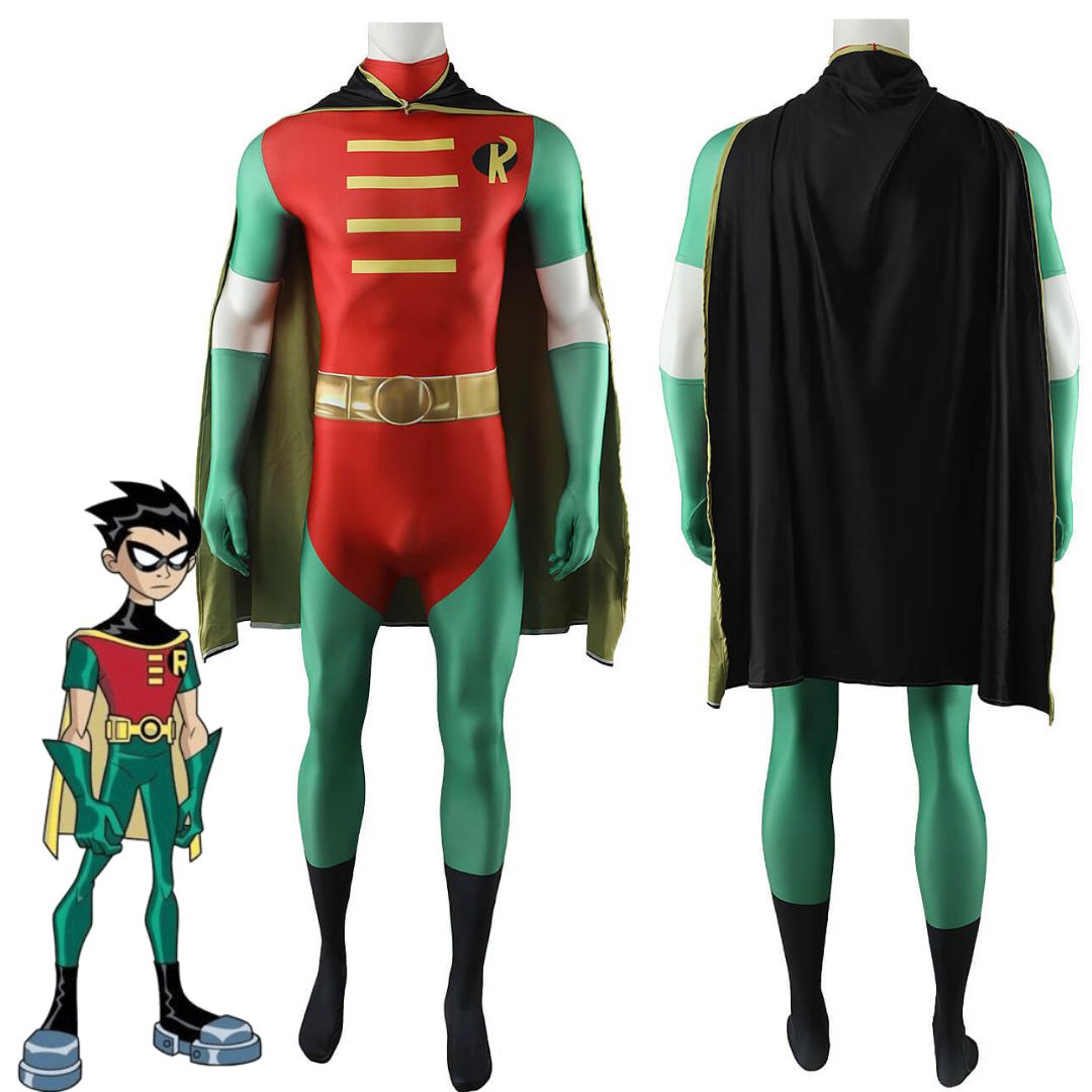 Teen Titans Robin Cosplay Costume Superhero Tim Drake Jumpsuit Cape Gloves Adults Kids Takerlama