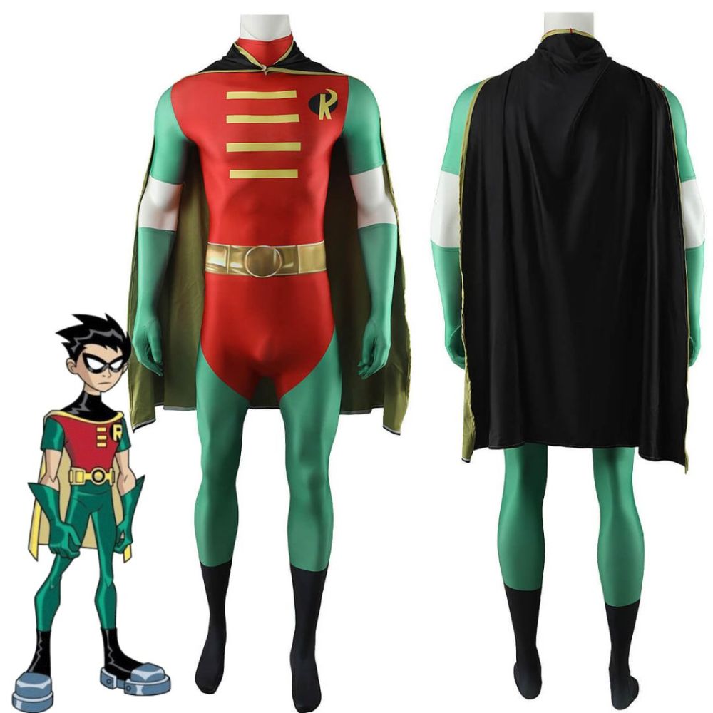 Teen Titans Robin Cosplay Costume Superhero Tim Drake Jumpsuit Cape Gloves Adults Kids Takerlama
