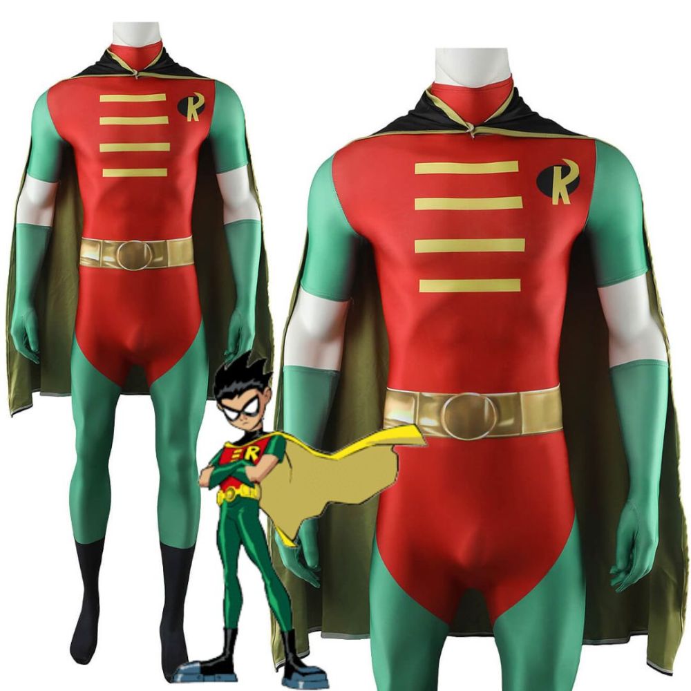 Teen Titans Robin Cosplay Costume Superhero Tim Drake Jumpsuit Cape Gloves Adults Kids Takerlama