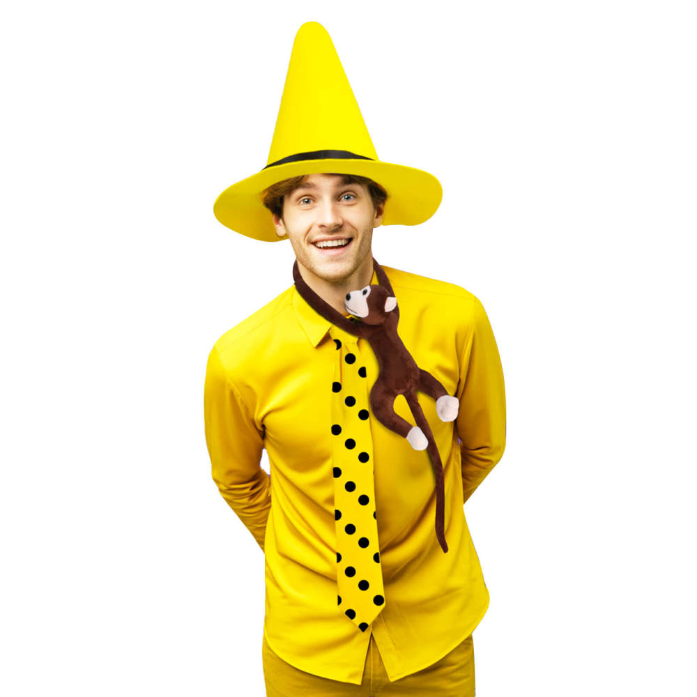Curious George Person in the Yellow Hat Ted Costume Props Tie Hat Plush Monkey-Takerlama