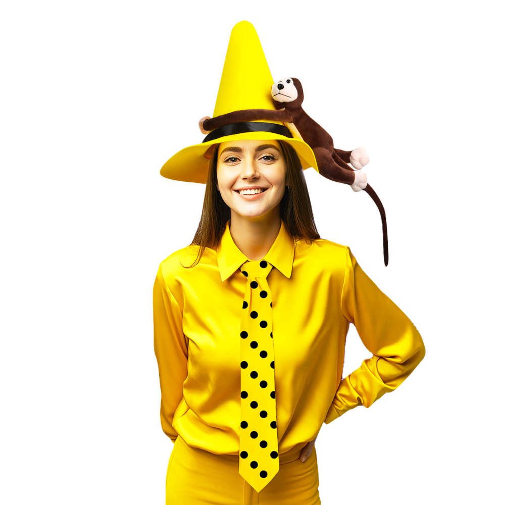 Curious George Person in the Yellow Hat Ted Costume Props Tie Hat Plush Monkey-Takerlama