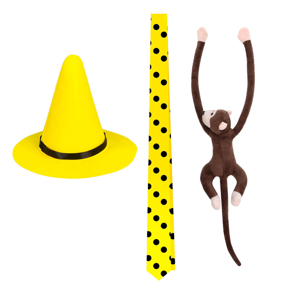 Curious George Person in the Yellow Hat Ted Costume Props Tie Hat Plush Monkey-Takerlama