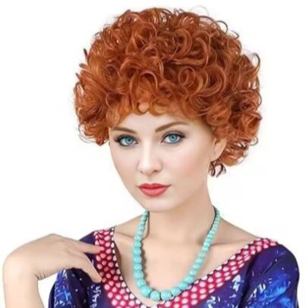 Mrs Roper Short Fluffy Curly Orange Red Cosplay Wig Women Landlady Hairs for Carnival Halloween Takerlama