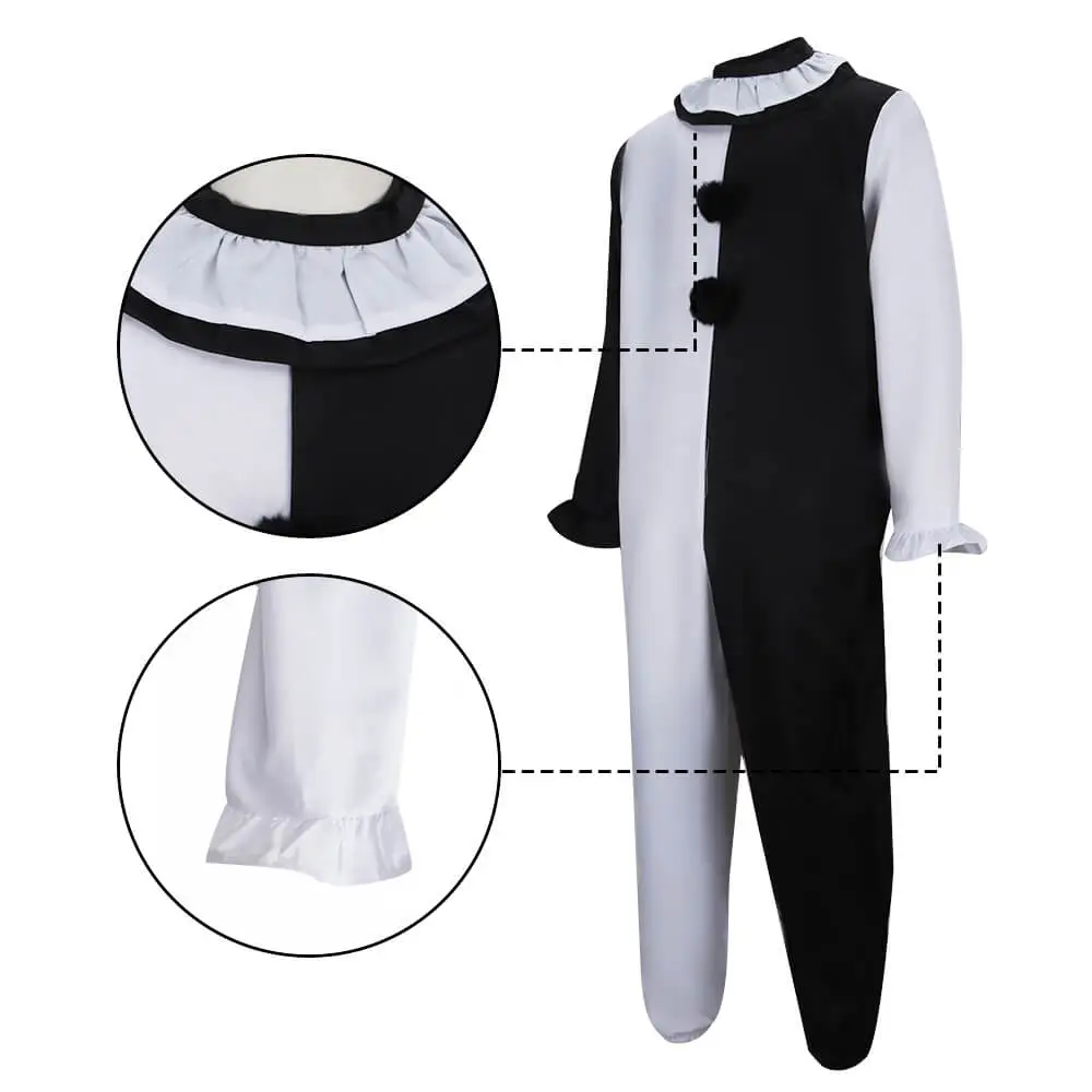 Beeoecm Horror Killer clownkostuum voor heren, Halloween terrifier kostuum heren Art the Clown jumpsuit set met zwart-wit jumpsuit en horror terrifier hoed masker voor Halloween carnaval (S