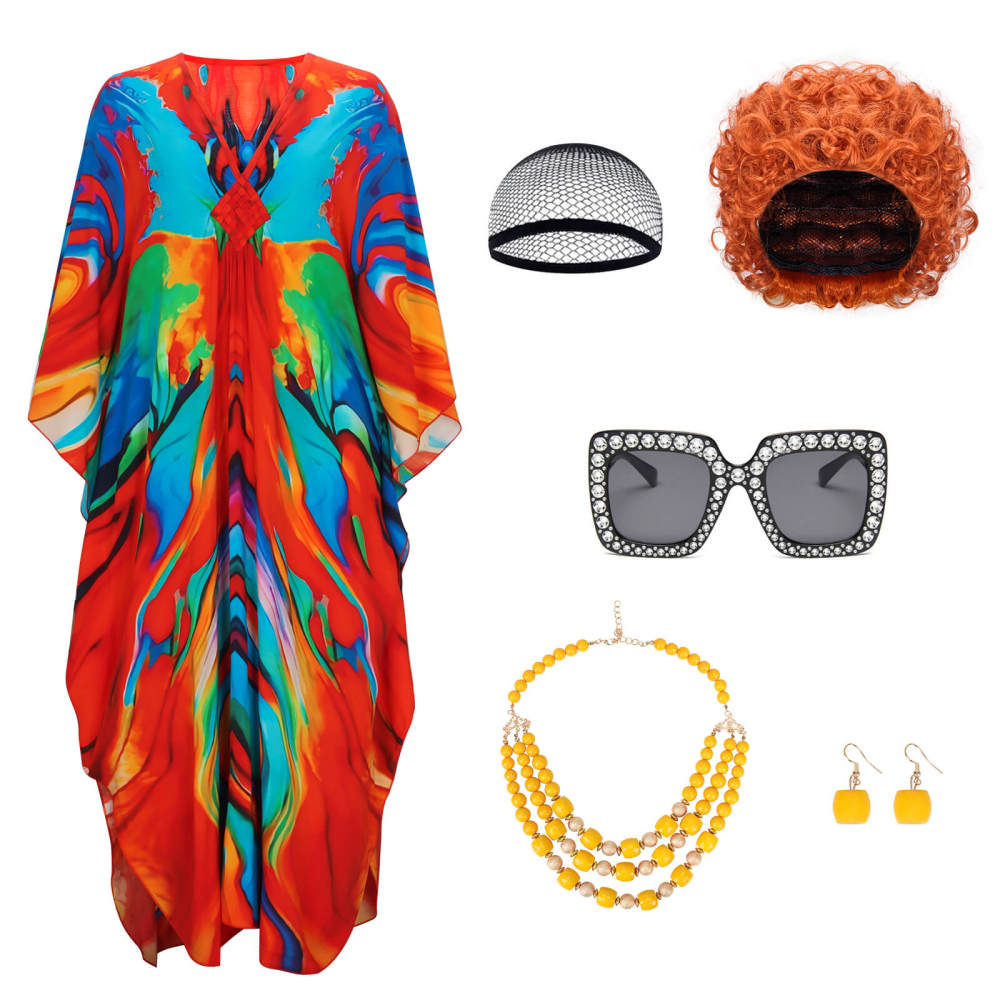 Mrs Roper Landlady Cosplay Costume Women's Print Caftan Dresses Jewelry Wig Sunglass Takerlama