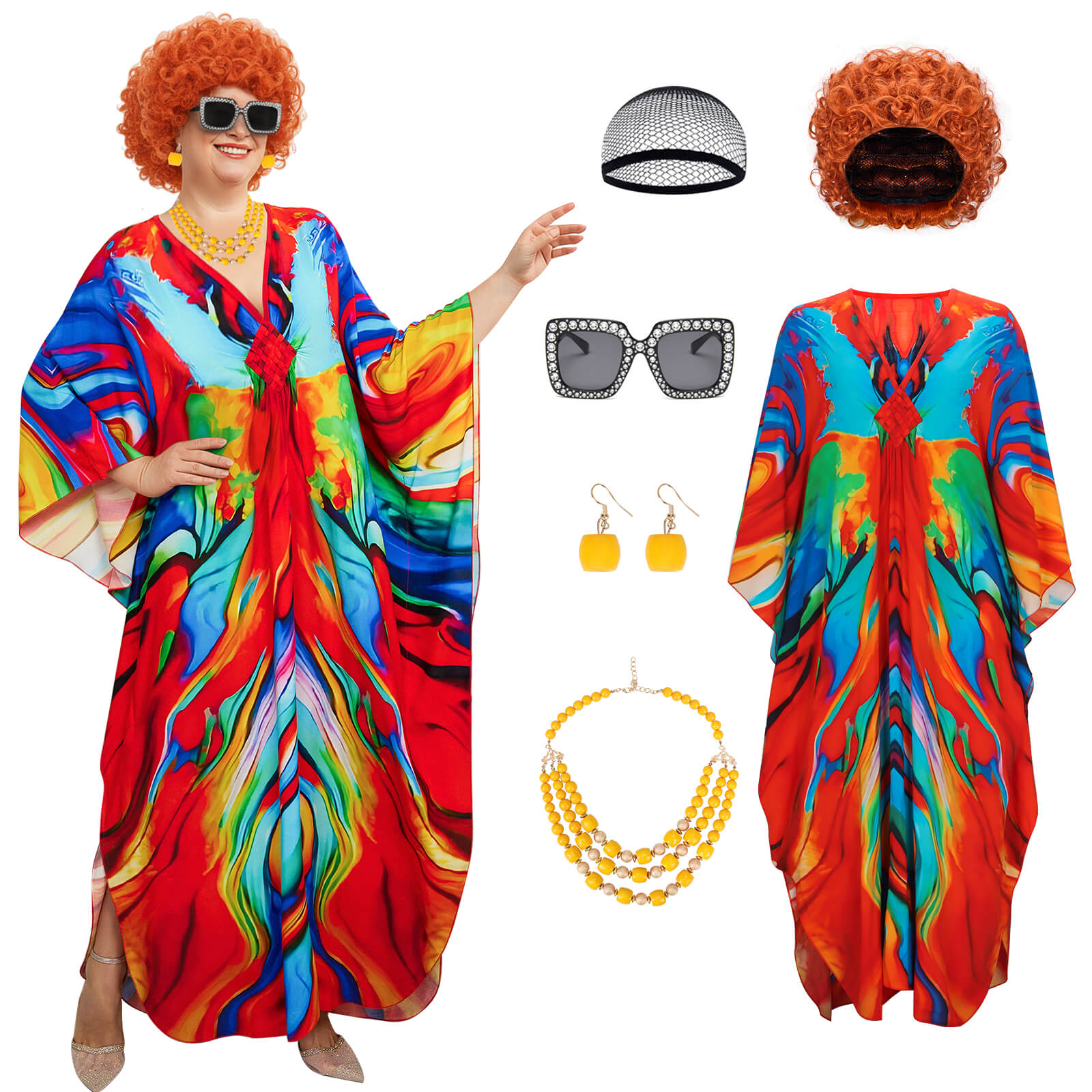 Mrs Roper Landlady Cosplay Costume 6pcs Women's Rainbow Caftan 70s Boho House Dress Wig Takerlama  In Stock