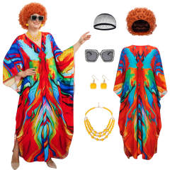Mrs Roper Landlady Cosplay Costume 6pcs Women's Rainbow Caftan 70s Boho House Dress Wig Takerlama  In Stock