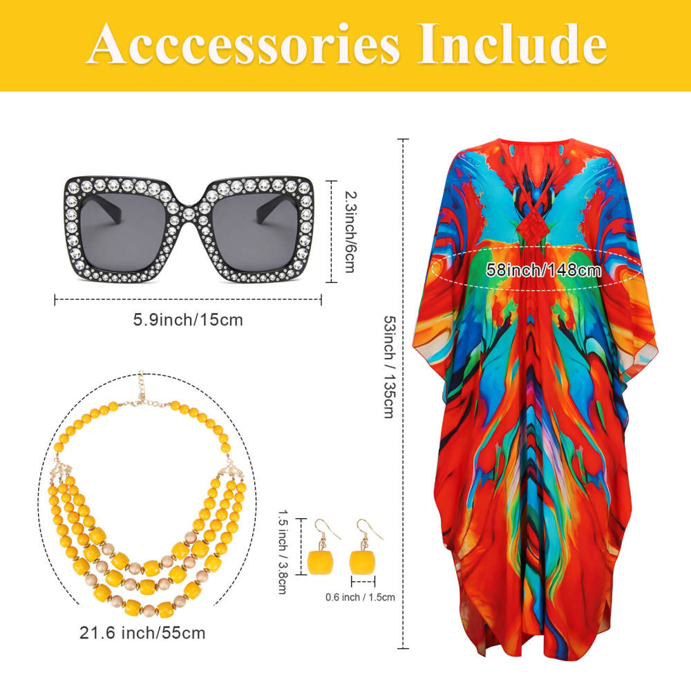 Mrs Roper Landlady Cosplay Costume Women's Print Caftan Dresses Jewelry Wig Sunglass Takerlama