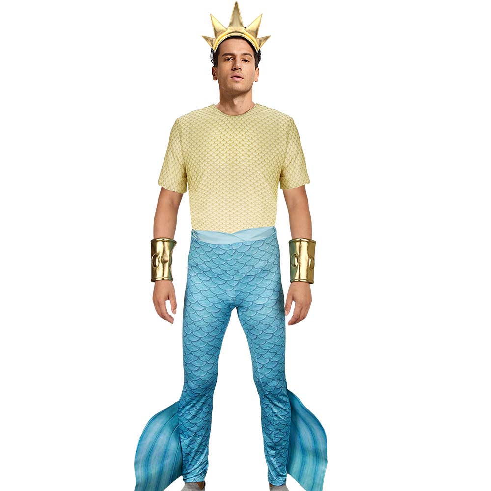 The Little Mermaid King Triton Costume for Men Poseidon Merman Suit for Cosplay Sea God Dress-Up Takerlama