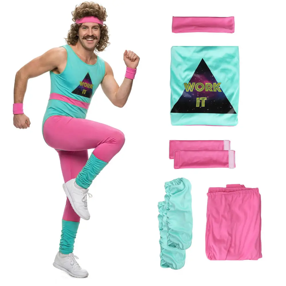 80s Exercise Fitness Costume Mens Gym Instructor Jumpsuit Takerlama