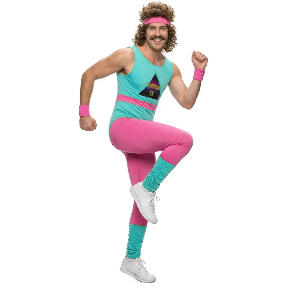 80s Exercise Fitness Costume Mens Gym Instructor Jumpsuit Takerlama