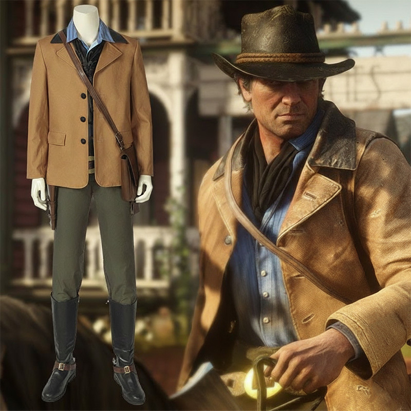 Arthur Morgan Cosplay Costume RDR2 Men Cowboy Uniform With Hat Coat Boots Top Level Takerlama