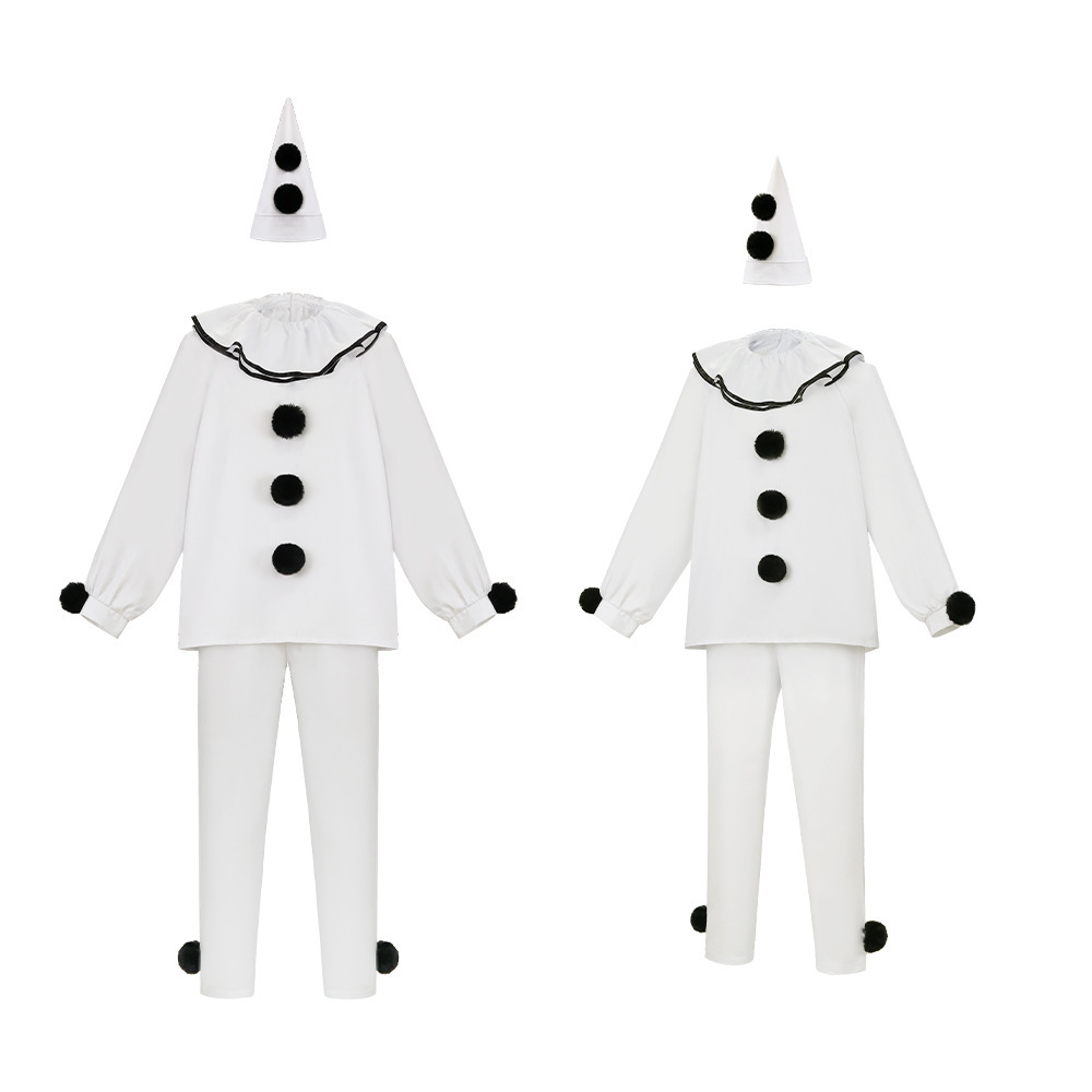 Pierrot Clown Mime Cosplay Costume Vintage Circus Halloween Stage Outfit Takerlama