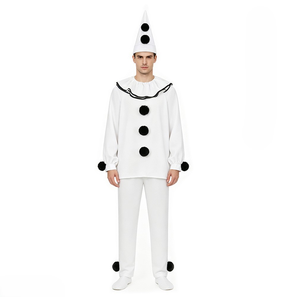 Pierrot Clown Mime Cosplay Costume Vintage Circus Halloween Stage Outfit Takerlama