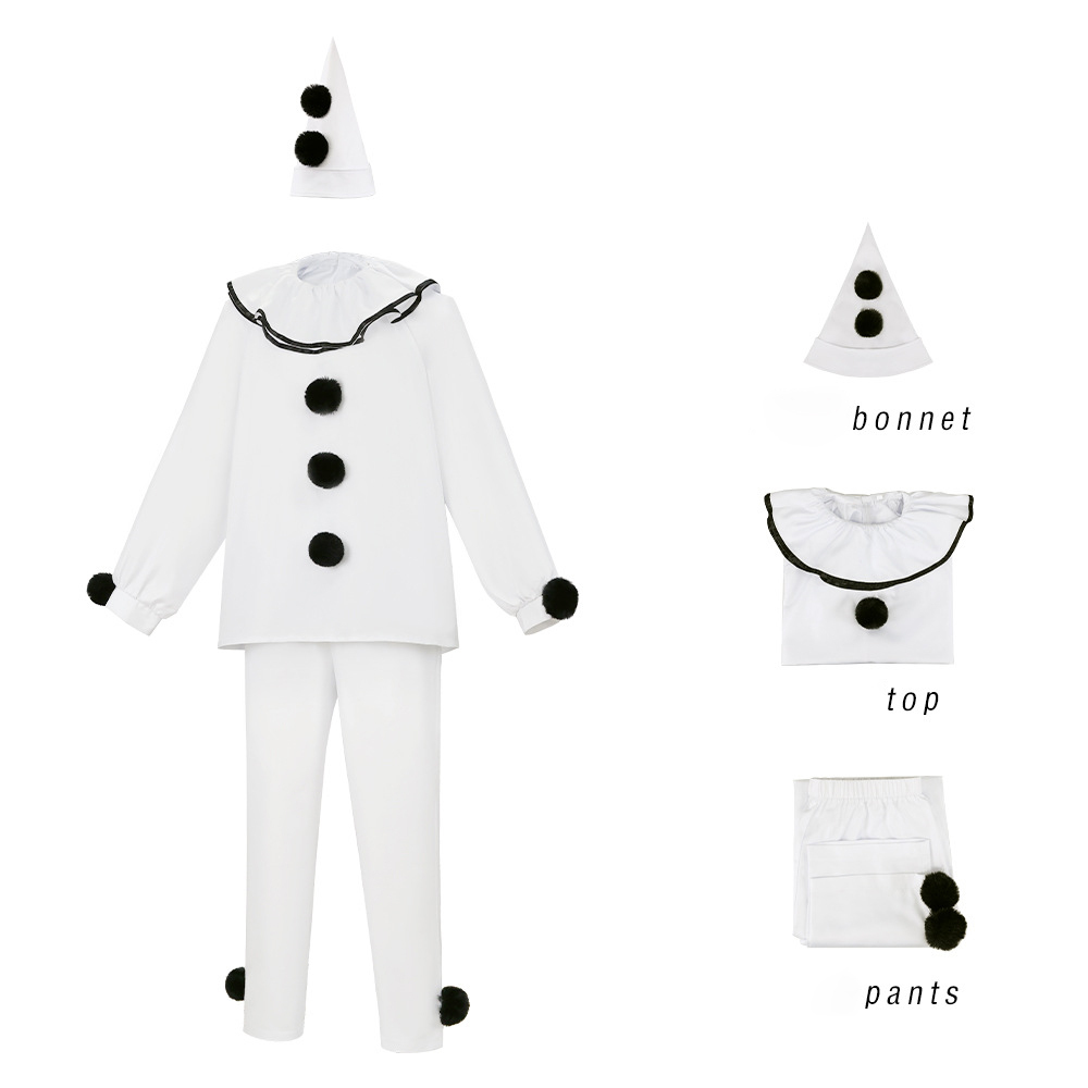 Pierrot Clown Mime Cosplay Costume Vintage Circus Halloween Stage Outfit Takerlama