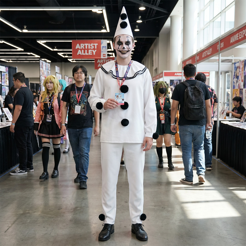 Pierrot Clown Mime Cosplay Costume Vintage Circus Halloween Stage Outfit Takerlama