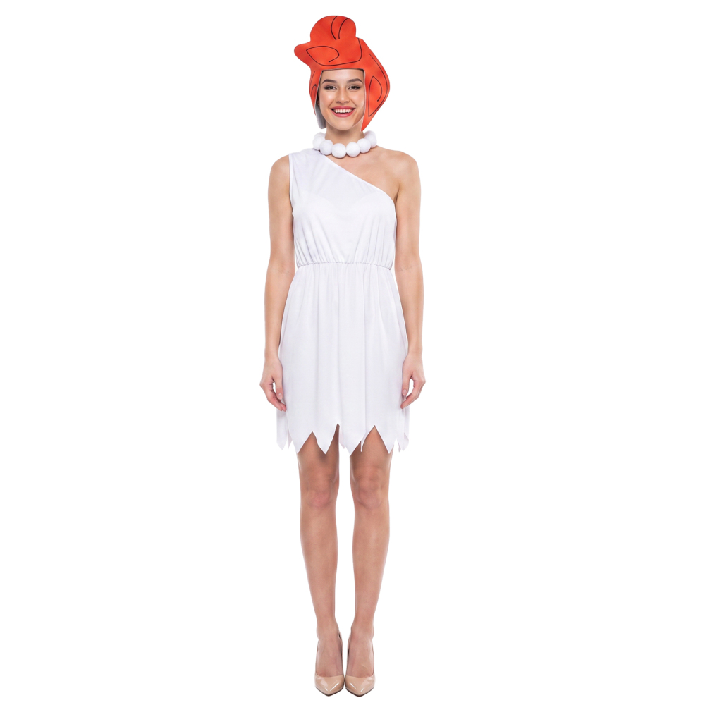 Wilma Flintstone Cosplay Costume White Fancy Dress Necklace Hat Halloween Party In Stock Takerlama