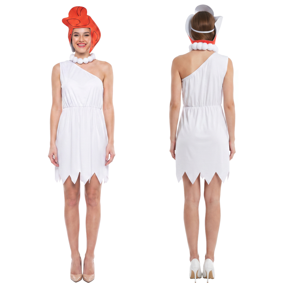 Wilma Flintstone Cosplay Costume White Fancy Dress Necklace Hat Halloween Party In Stock Takerlama