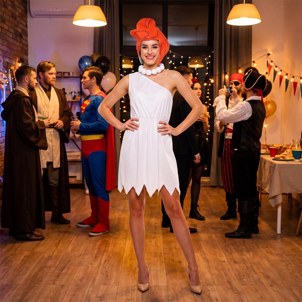 Wilma Flintstone Cosplay Costume White Fancy Dress Necklace Hat Halloween Party In Stock Takerlama