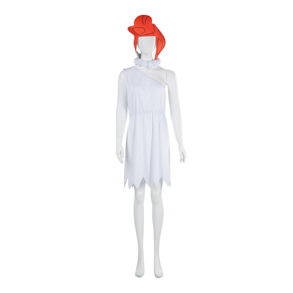 Wilma Flintstone Cosplay Costume White Fancy Dress Necklace Hat Halloween Party In Stock Takerlama