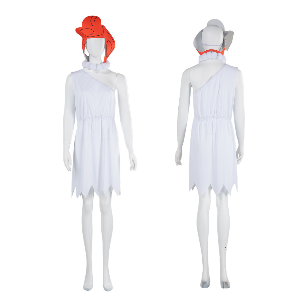 Wilma Flintstone Cosplay Costume White Fancy Dress Necklace Hat Halloween Party In Stock Takerlama