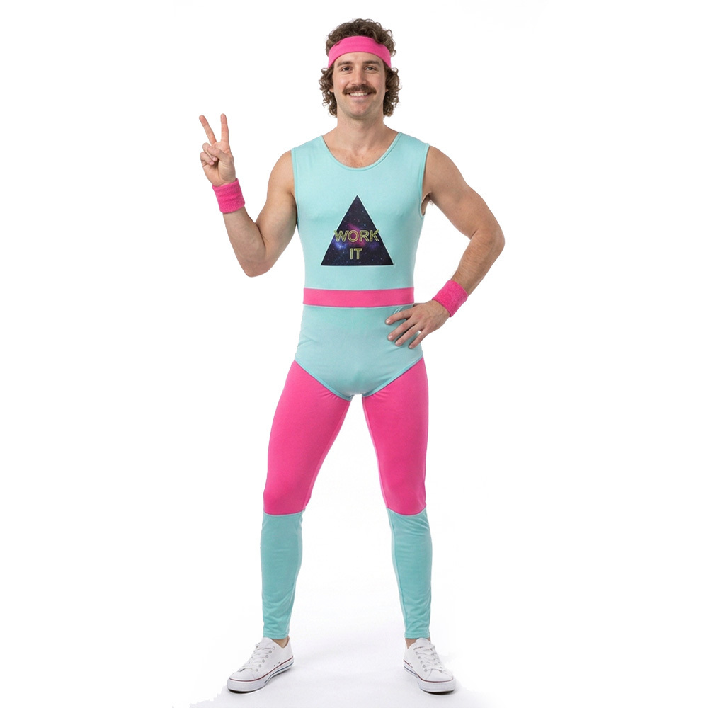 80s Exercise Fitness Costume Mens Gym Instructor Jumpsuit Takerlama