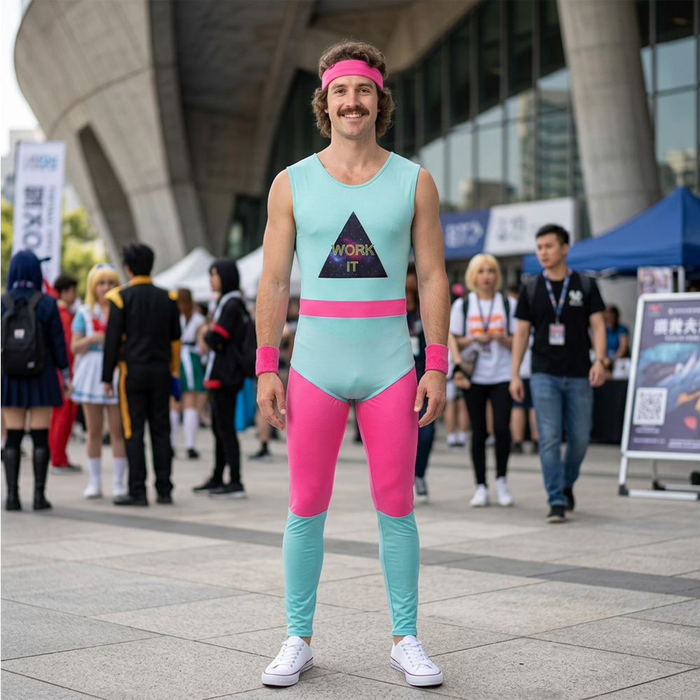 80s Exercise Fitness Costume Mens Gym Instructor Jumpsuit Takerlama