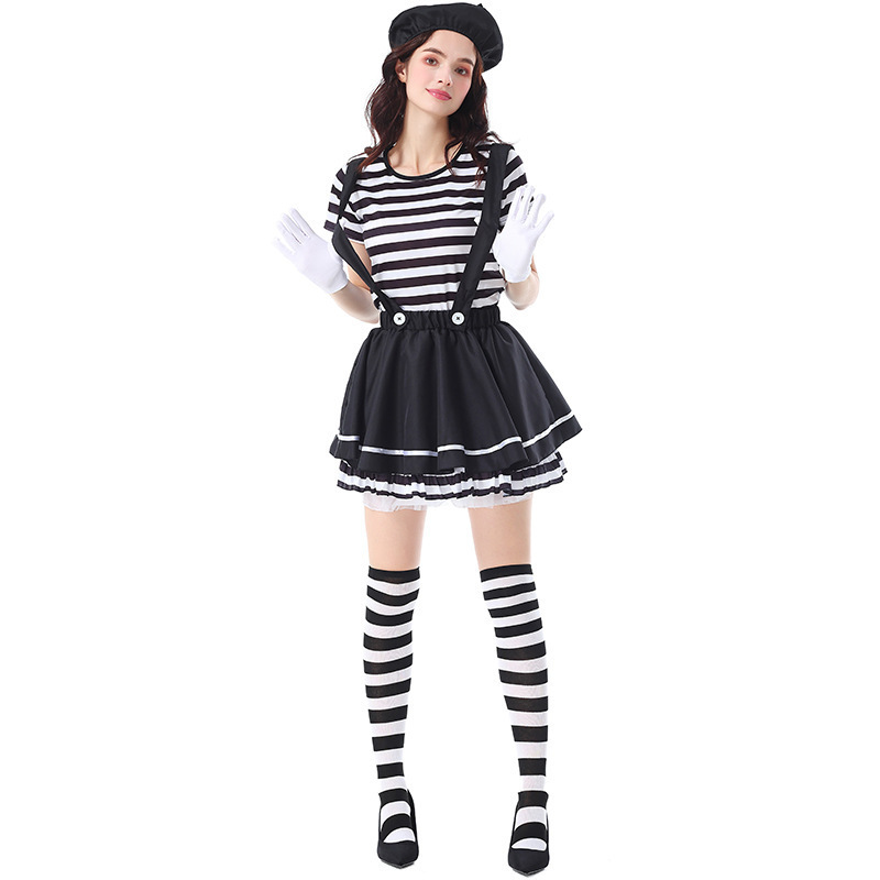 Women French Mime Striped Costume French Artist Black & White Halloween Outfits In Stock-Takerlama