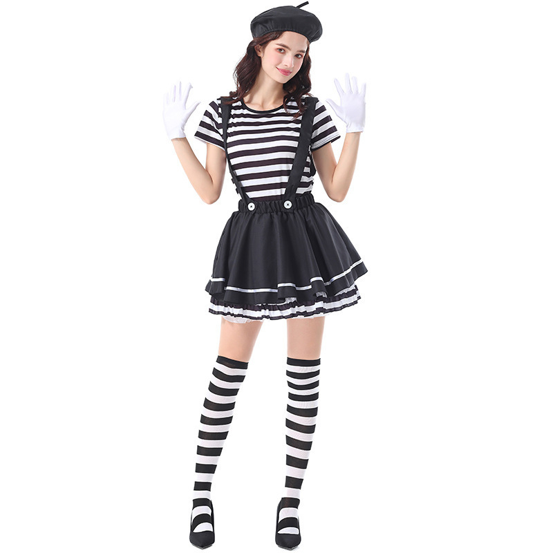 Women French Mime Striped Costume French Artist Black & White Halloween Outfits In Stock-Takerlama