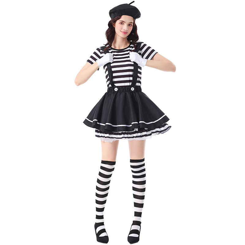Women French Mime Striped Costume French Artist Black & White Halloween Outfits In Stock-Takerlama