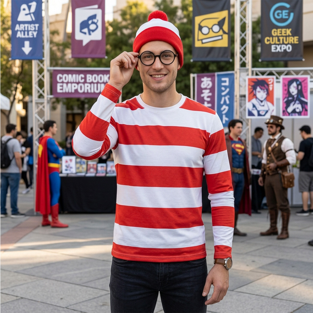 Where's Wally Waldo Christmas Costume Gifts Red & White Shirt Men In Stock Takerlama