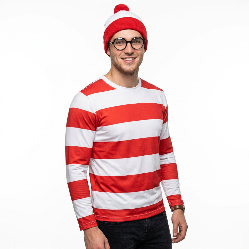 Where's Wally Waldo Christmas Costume Gifts Red & White Shirt Men In Stock Takerlama