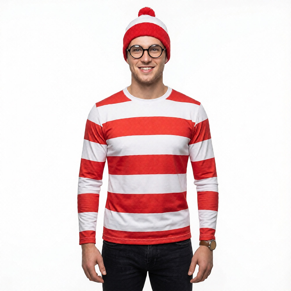 Where's Wally Waldo Christmas Costume Gifts Red & White Shirt Men In Stock Takerlama