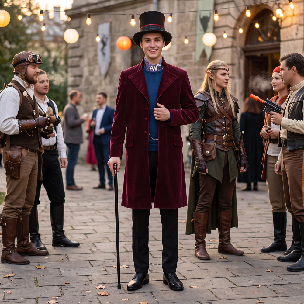 Wonka 2023 Charlie and the Chocolate Factory Willy Wonka Halloween Red Cosplay Costume Hat Timothee Chalamet Suit