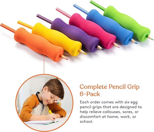 Long Foam Pencil Grips for Kids and Adults Colorful, Cushioned Holders for Handwriting, Drawing, Coloring | Ergonomic Right or Left-Handed Use | Reusable (6)