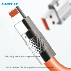 Honfly 6A 120W Liquid Silicone Cord Super Fast Charge zinc alloy ios mobile phone data cable For Xiaomi for Huawei for Samsung