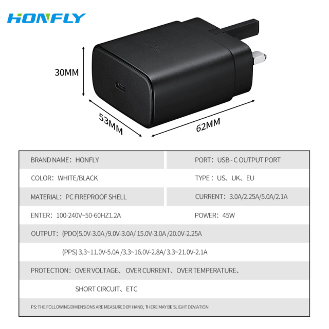 Honfly sell well fast charging plug US EU UK 45w pd super fast charge plug type c for samsung s22 charger usb c power adaptor