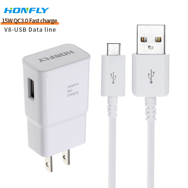 Honfly High High Quality Travel 15w qc3.0 phone charger fast charging cable for samsung s6 s7 Fast charger + usb micro cable v8